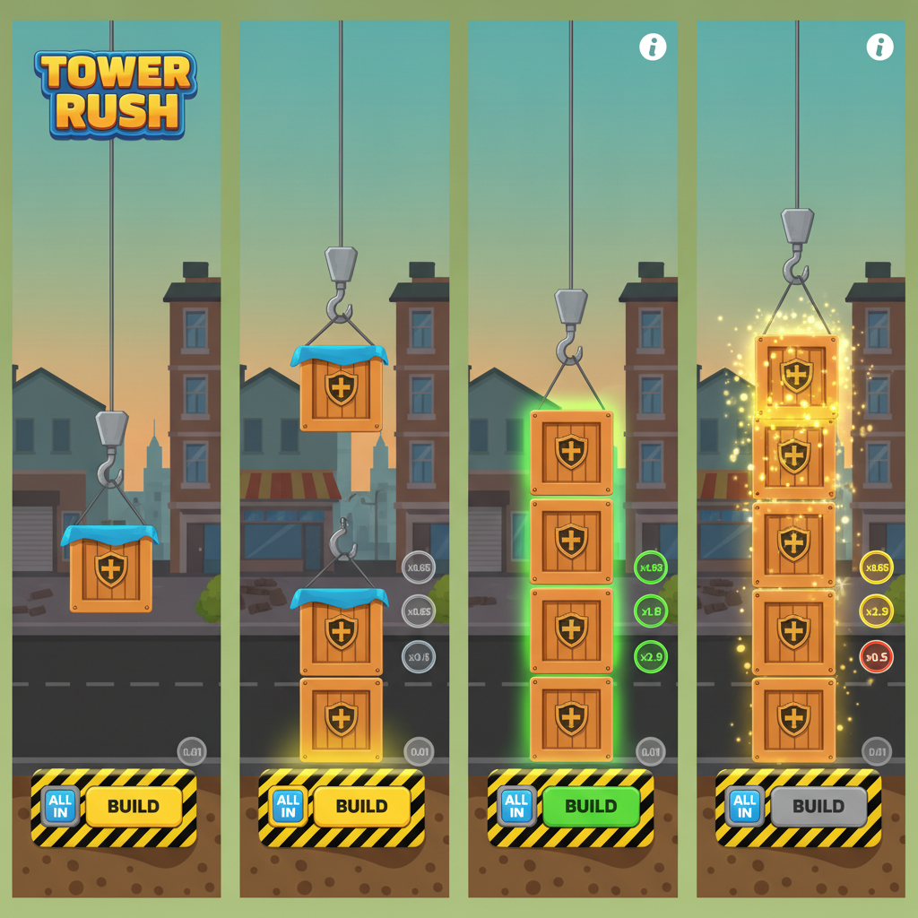 Tour Tower Rush en cours de construction — quatre étapes illustrées avec la grue, les caisses empilées, le bouton BUILD actif et le multiplicateur courant