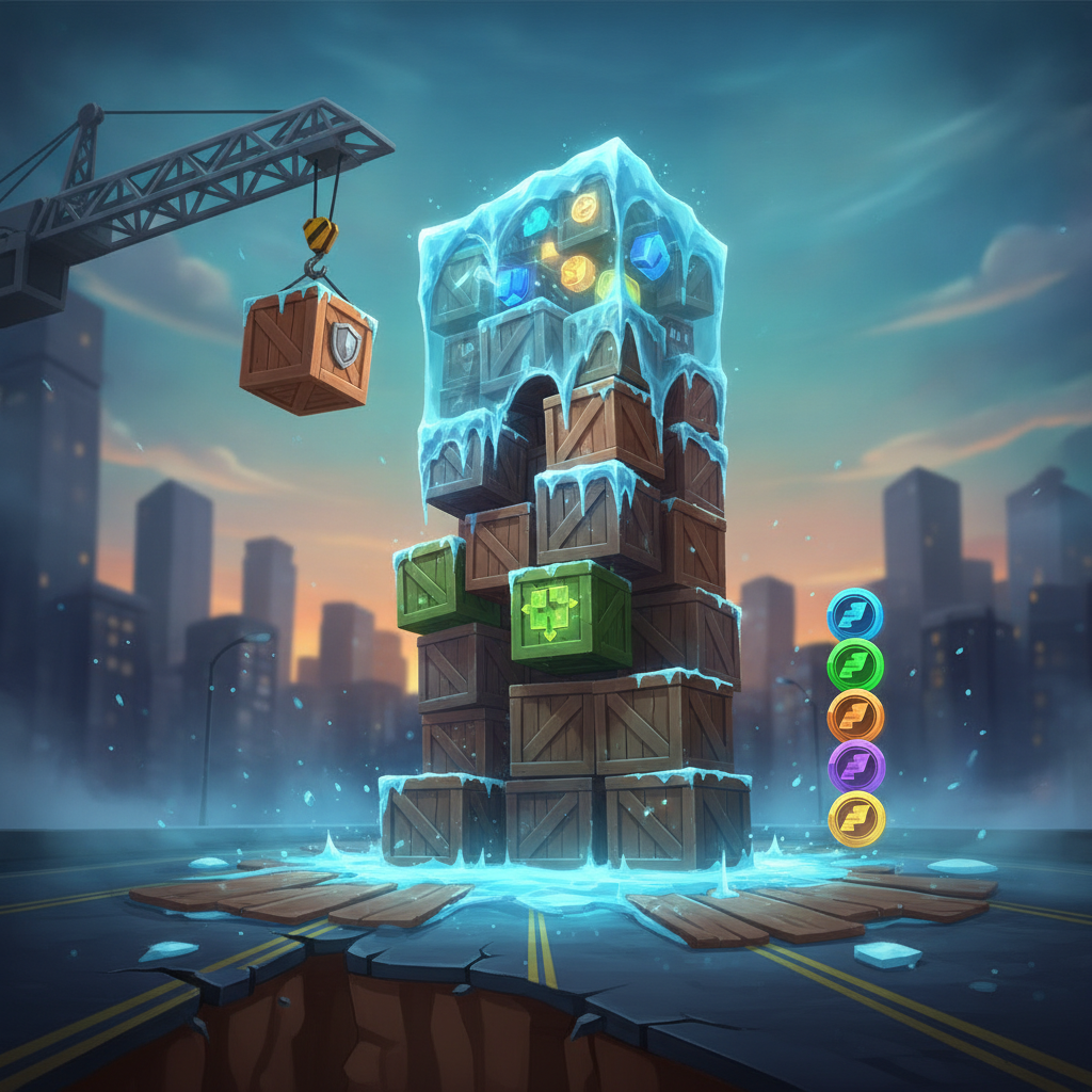 Frozen Floor Tower Rush — étage recouvert de glace bleue gelant les gains, protection totale en cas d'effondrement