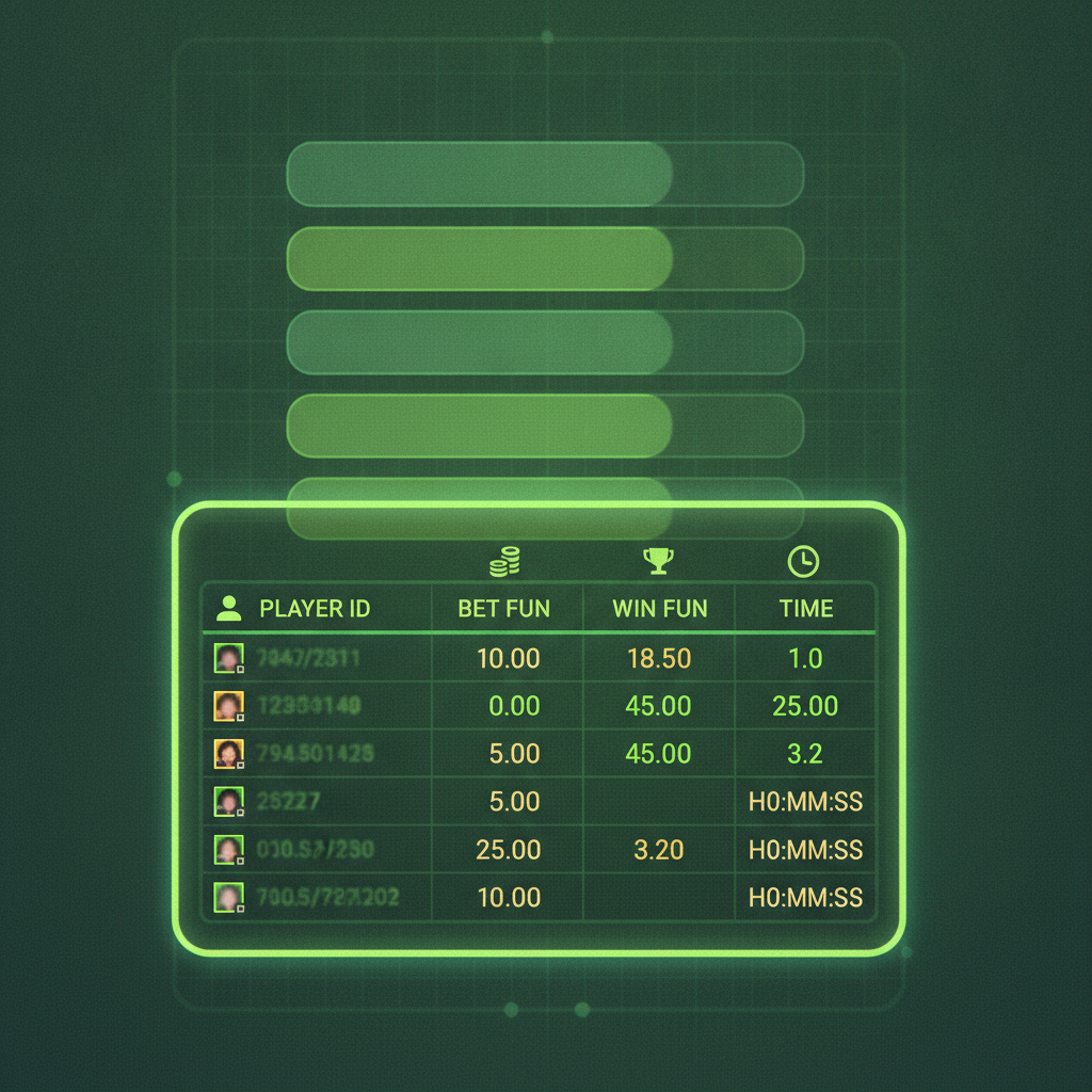 Panneau historique Tower Rush avec statistiques de cashout — colonnes Player ID, Bet FUN, Win FUN et horodatage des parties récentes