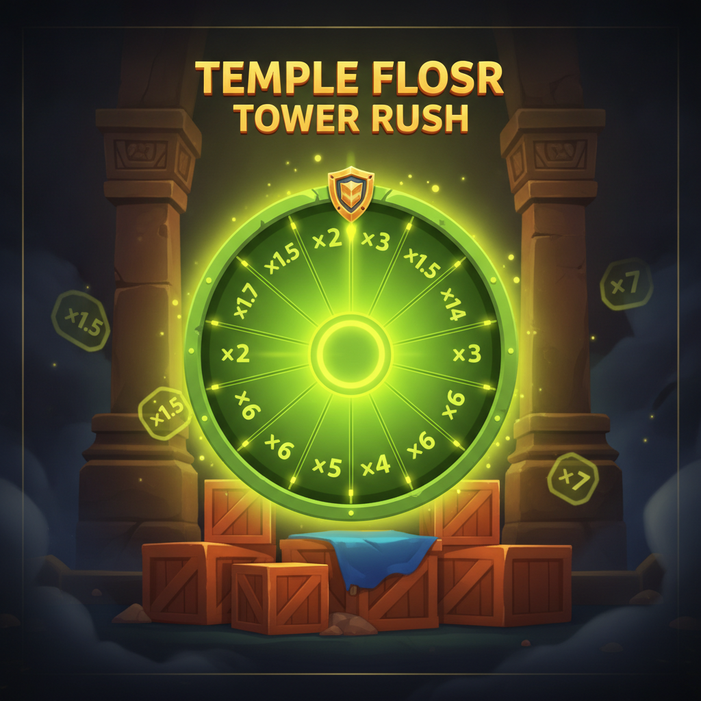 Temple Floor Tower Rush — roue verte à 10 sections avec multiplicateurs ×1,5 à ×7 en surbrillance
