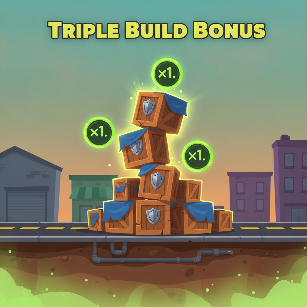 Triple Build Tower Rush — trois étages posés automatiquement avec multiplicateur minimum ×1 garanti par étage